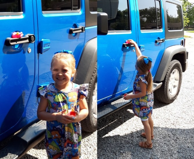 Julie Barnes' four-year-old granddaughter loves ducking Jeeps in Indiana, United States.