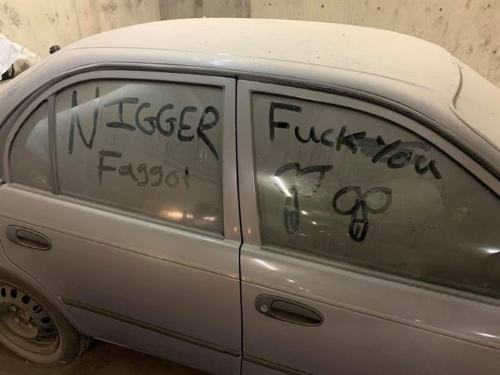 Racist and homophobic slurs found on a car in Kamloops Oct. 4.