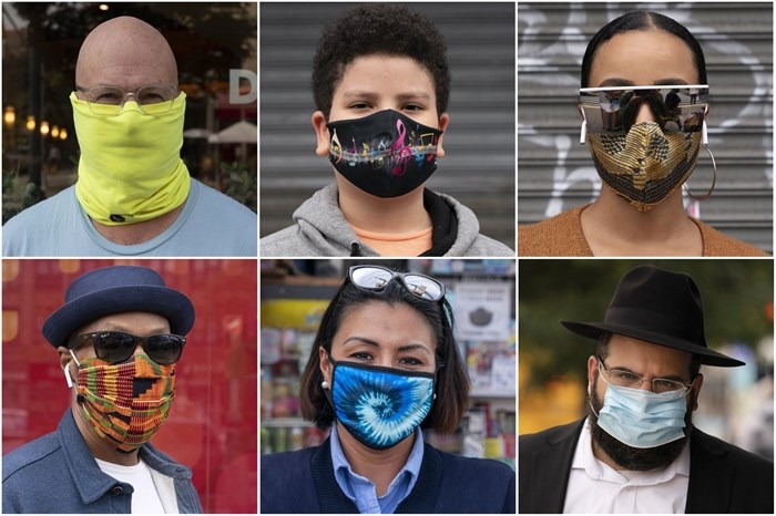 In this combination of photos, New Yorkers pose for photos during the coronavirus outbreak in New York.