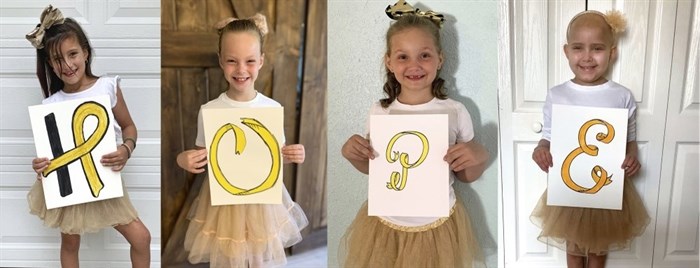 This photo combo provided by the Johns Hopkins All Children’s Hospital shows Chloe Grimes, McKinley Moore, Avalynn Luciano and Lauren Glynn spelling the word 