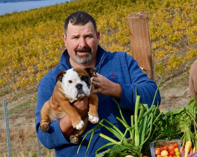Winemaker/owner Jay Drysdale Bella Wines with (then a puppy!) Buddha.