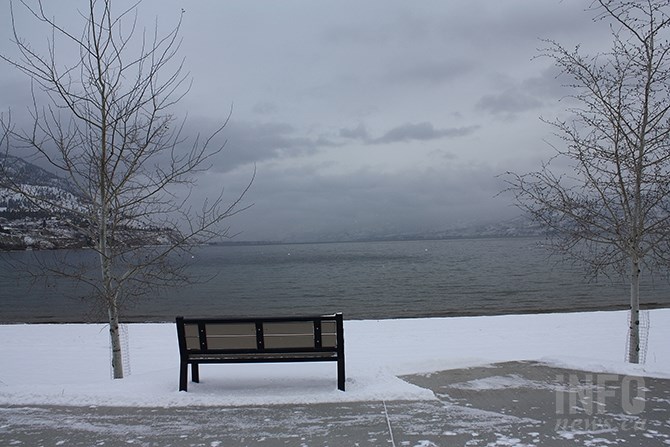 Dull winter weather makes for an empty park bench along Okanagan Lake.
