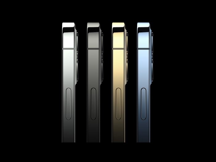 This image provided by Apple shows the new iPhone 12 Pro phones that Apple unveiled Tuesday, Oct. 13, 2020. The higher-end iPhone 12 Pro with more powerful cameras comes in silver, graphite, gold and blue, and will cost $999. 
