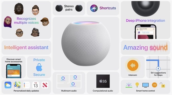 This image provided by Apple displays features of the new HomePod Mini that Apple unveiled Tuesday, Oct. 13, 2020. The new HomePod Mini will cost almost $100. It will integrate Apple's own music service, of course, with Pandora and Amazon's music service in “coming months.”