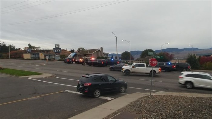 One person is being treated for a gunshot wound after a shooting in the vicinity of the Hospitality Inn on Columbia Street West in Kamloops, Friday, Oct. 16, 2020.