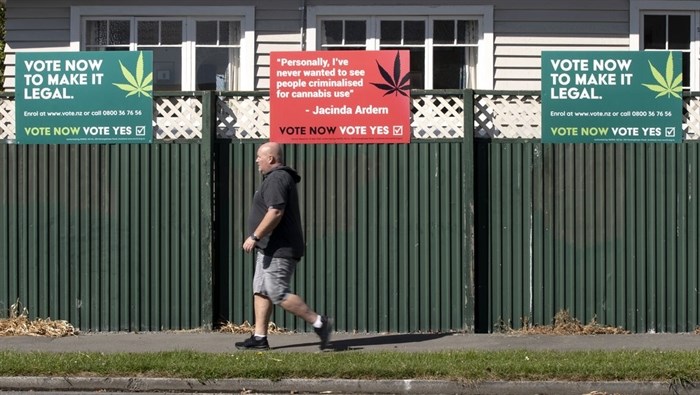 A man walks past signs in support of making marijuana legal in Christchurch, New Zealand, Friday, Oct. 16, 2020.