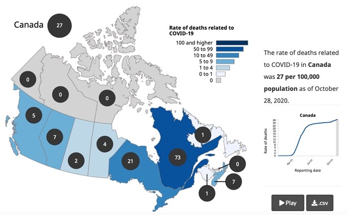 Number of COVID-19 deaths per 100,000 population in Canada.