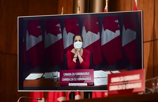 Minister of Finance Chrystia Freeland takes part via video conference as an update is provided during the COVID pandemic in Ottawa on Tuesday, Nov. 3, 2020. 