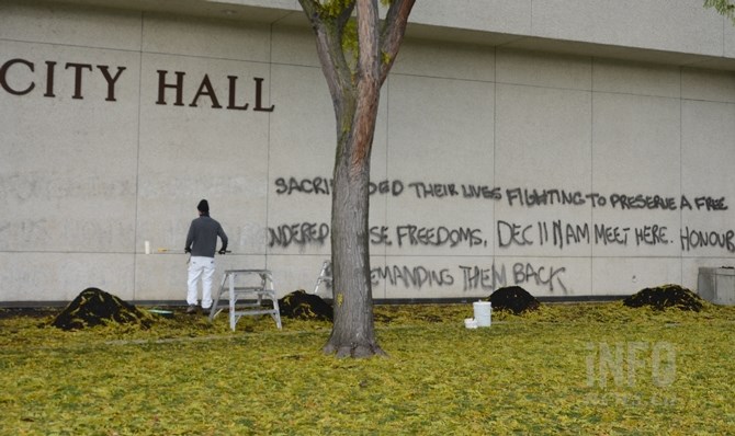 City Hall got hit with graffiti again early Nov. 11, 2020. Two weeks earlier, the building was tagged with the same black paint and in similar writing.
