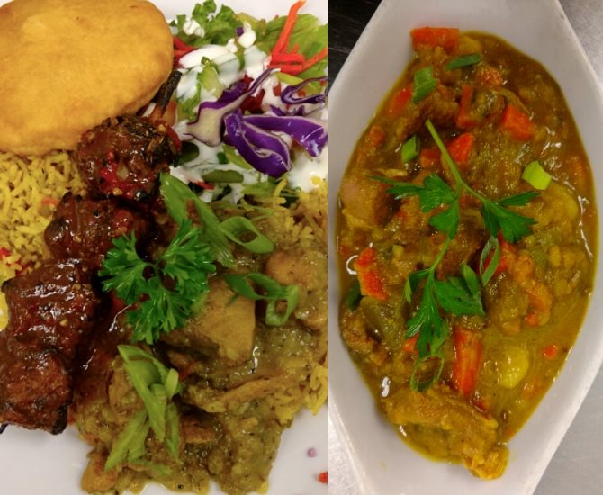 Left, a curried chicken and jerk chicken Kabob with rice, salad and a Johnny cake. Right, traditional stew. 