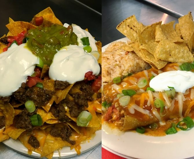 Left, nachos with house-made chips, guacamole and ground beef. Right, chicken enchiladas in corn tortillas, with creamy salsa, mexican rice, refried beans, and nacho chips.