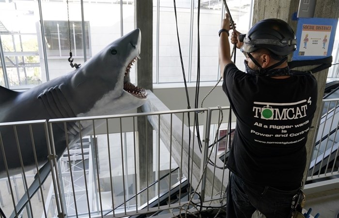 A worker helps lift a fiberglass replica of Bruce, the shark featured in Steven Spielberg's classic 1975 film 