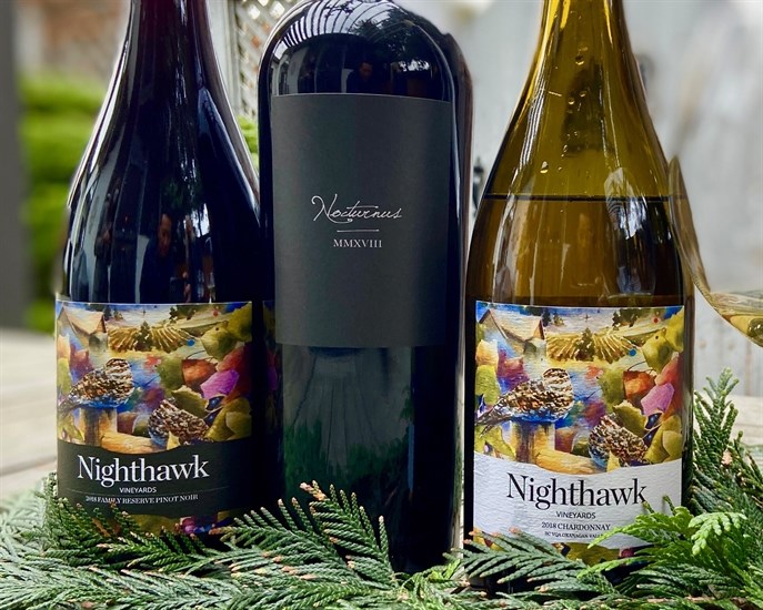 2018 Nighthawk Vineyards Pinot Noir (L-R) with the red blend Nocturnus and 2018 Chardonnay.