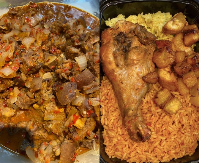 Left, spicy grilled goat called Asun. Right, turkey with fried rice and Jollof rice. 
