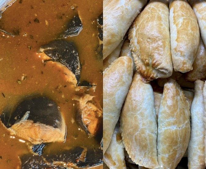 Left, pepper soup with catfish. Right, meat pies with ground beef and potatoes. 