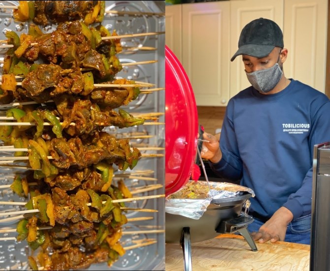 Right, meat kabob with pepper sauce. Right, Akinwumi's boyfriend grills goat meat for the Asun dish. 