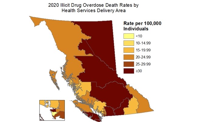 Map of overdose numbers in B.C. as of November 2020.