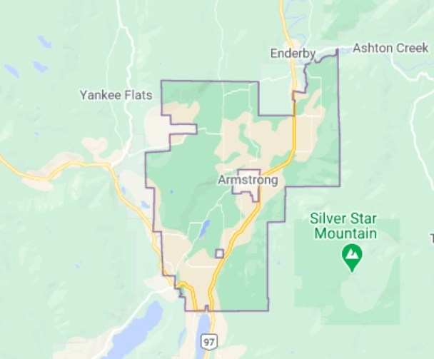 This map shows how Armstrong is surrounded by the Spallumcheen Township.