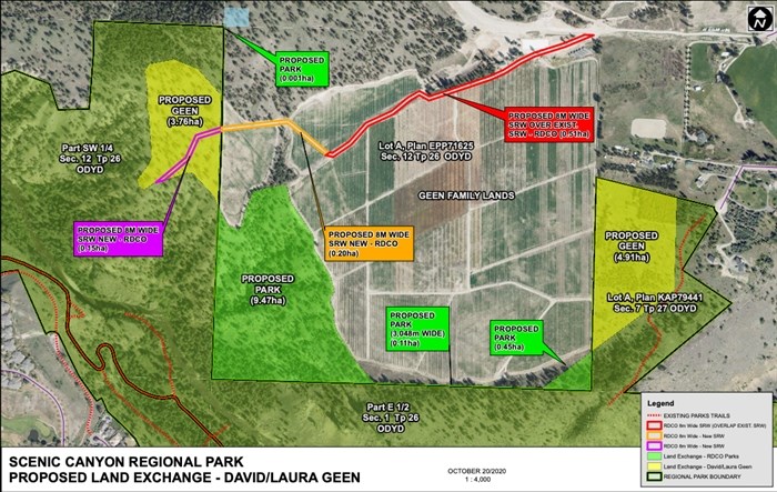 This map shows what lands are proposed to be exchanged in Scenic Canyon Regional Park.