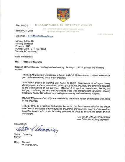 The letter sent by Vernon council to the province.
