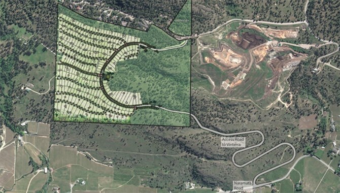 Location of the proposed Vinterra subdivision with Naramata Road shown, bottom right, and Campbell Mountain landfill upper right.