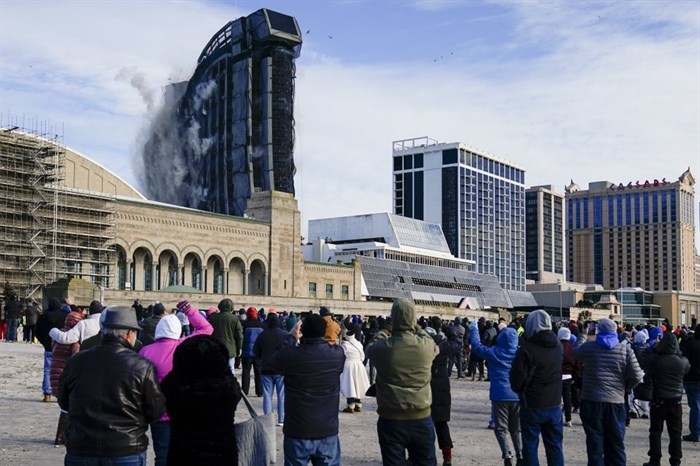 The former Trump Plaza casino is imploded on Wednesday, Feb. 17, 2021, in Atlantic City, N.J. After falling into disrepair, the one-time jewel of former President Donald Trump's casino empire is reduced to rubble, clearing the way for a prime development opportunity on the middle of the Boardwalk, where the Plaza used to market itself as 