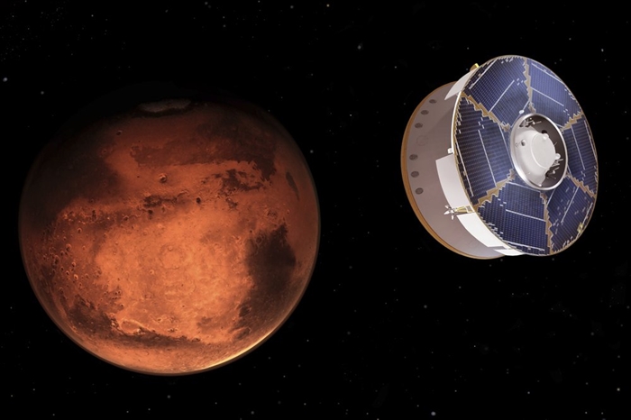 This illustration provided by NASA depicts the Mars 2020 spacecraft carrying the Perseverance rover as it approaches Mars. Perseverance's $3 billion mission is the first leg in a U.S.-European effort to bring Mars samples to Earth in the next decade.