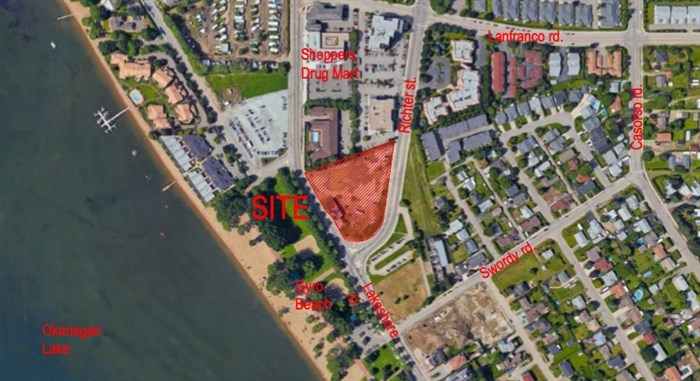 This map shows the the location of the proposed Caban development at the corner of Lakeshore Road and Richter Street in Kelowna.