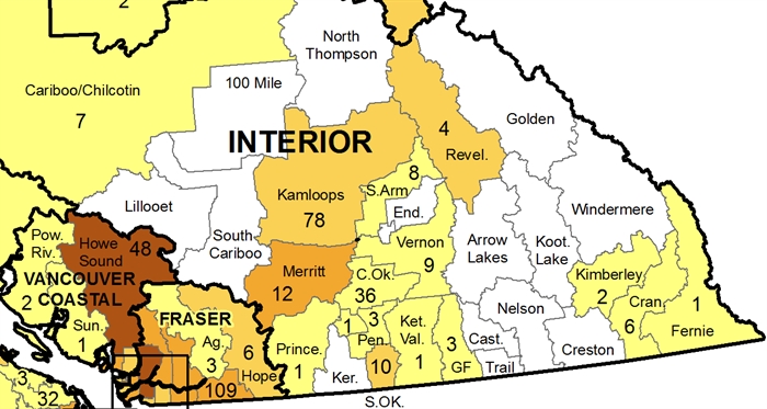 This shows the number of new COVID-19 cases by Local Health Areas in the Interior during the week of Feb. 14 to 20.