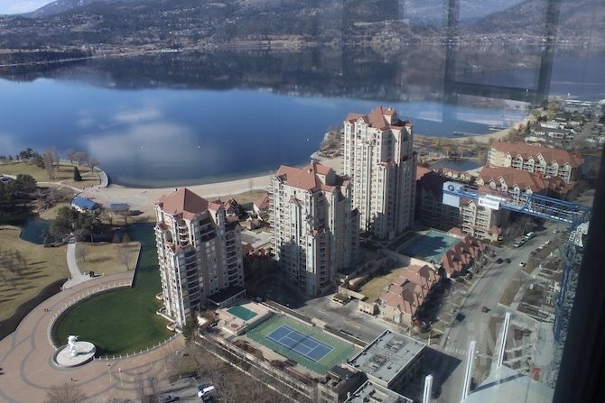 Looking down at the lagoon and Tugboat beach from the 36th floor penthouse in 2021.