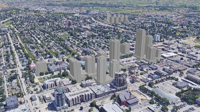 This shows the three-block section of Bertram Street, where about a dozen high-rise buildings are proposed.  The most recent suggestion is the tower on the left.