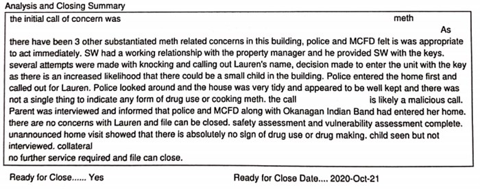 Part of an incident report written by an MCFD social worker and dated Oct. 21, 2020.
