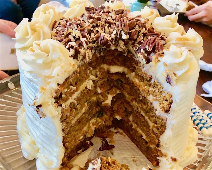 This carrot cake was actually made by my sister in law Tracy Schell. If you want to make a super layer cake like this follow the link in the recipe for instructions.