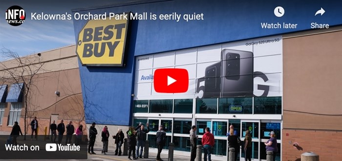 Orchard Park Mall was mostly closed but people lined up, safely distanced, at Best Buy, April 2020. NOTE: this is not a live video. Go to the link at the bottom of this story to see the video.