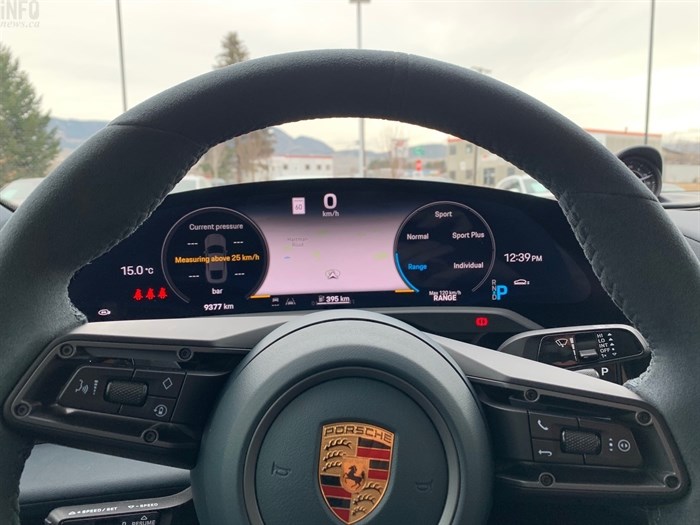 The interior of a new 2020 Porsche Taycan 4S.