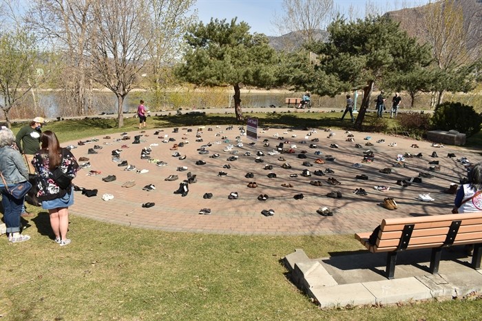 To mark the fifth anniversary of the opioid crisis in B.C. 250 were put on display in Kamloops to symbolize those who have died from an overdose, Wednesday, April 14, 2021.
