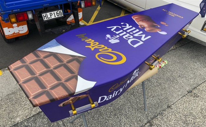This photo provided by Ross Hall, shows a chocolate bar designed casket in Auckland, New Zealand on April 30, 2020.