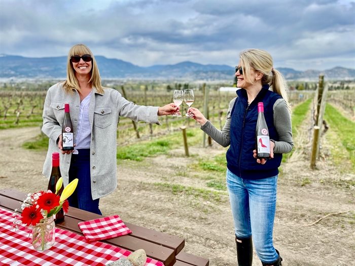 Book a Covid safe tasting in the orchard at The View in Southeast Kelowna.(Jennifer Turton-Molgat (L) with Jennifer Schell (me)