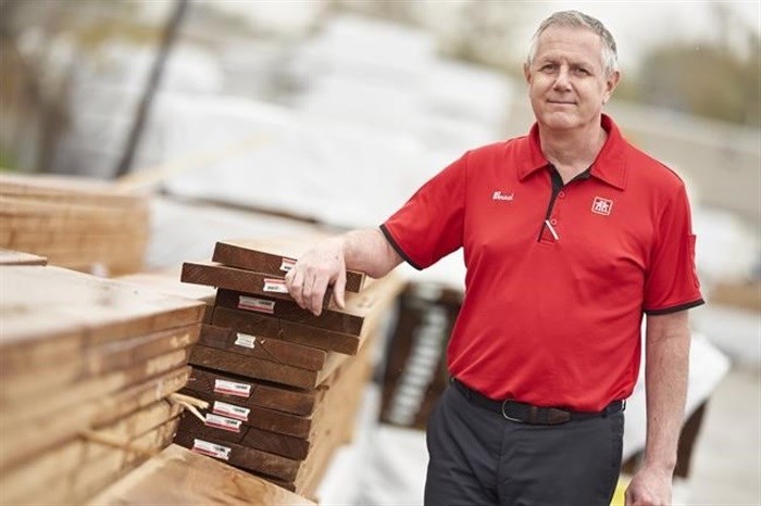 Brad Swanson, Dealer-Owner of Swansons Home Hardware Building Centre, in Kitchener, Ont., poses for a photo at his yard on Monday, May 3, 2021.