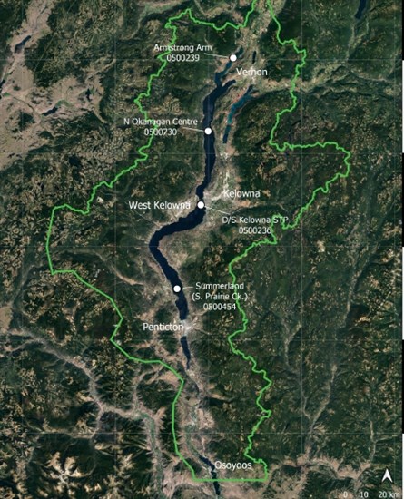 A map showing where water samples were collected from Okanagan Lake.