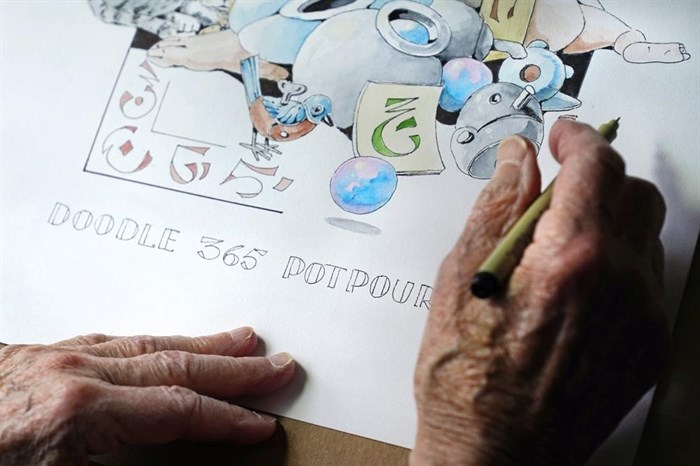 Artist Robert Seaman works on his 365th daily doodle in his room at an assisted living facility Monday, May 10, 2021, in Westmoreland, N.H. Seaman, who moved into the facility weeks before the COVID-19 pandemic shutdown his outside world in 2020, recently completed his 365th daily sketch, or what he calls his 