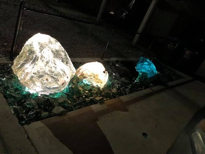 Glass landscaping boulders on display at Brandon Messier's Huth Avenue residence.