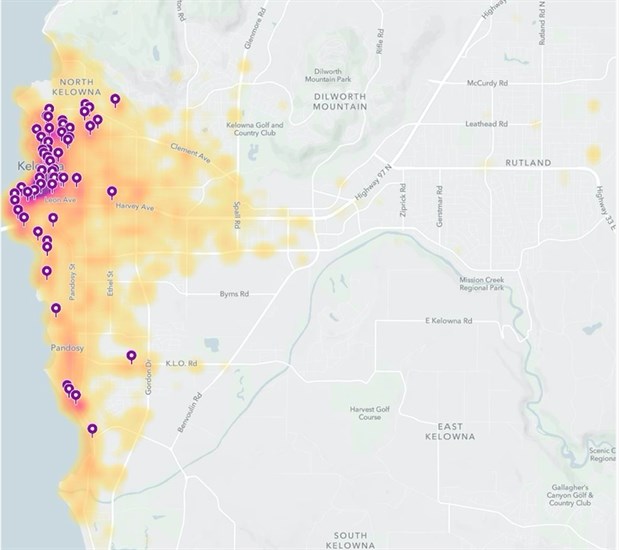 This map shows where the shared scooters in Kelowna during more than 14,000 trips have travelled over the past week.