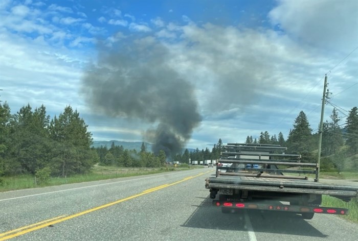 Smoke from a structure fire near Highway 97 north of Vernon can be seen in this submitted photo, June 3, 2021.