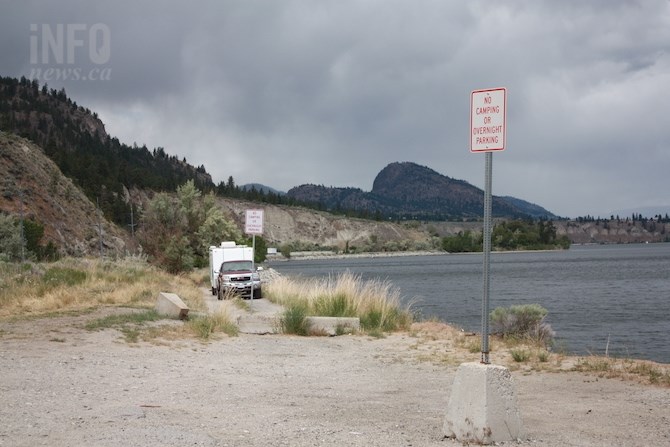 A recreational vehicle parked in a pullout off Highway 97 north of Penticton.