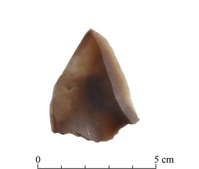 This undated photo provided by Tal Rogovski in June 2021 shows a Levallois point stone tool discovered in the Nesher Ramla, Israel human ancestor excavation site in Israel. On Thursday, June 24, 2021, scientists reported that bones found in an Israeli quarry are from a branch of the human evolutionary tree and are 120,000 to 140,000 years old.