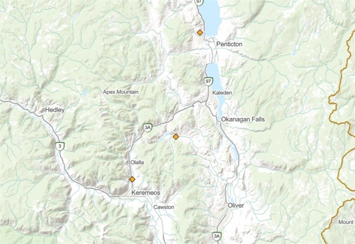 Three wildfires were sparked in the South Okanagan, Thursday June 25, 2021 and are represented by the orange diamonds on this screen shot from a B.C. Wildfire Service map.