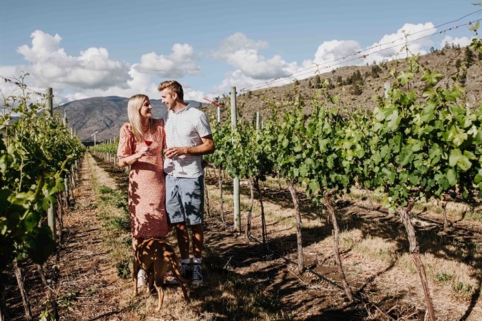 From volleyball to wine, Kyla Richey and Rudy Verhoeff standing in their Valley Commons vineyard.
