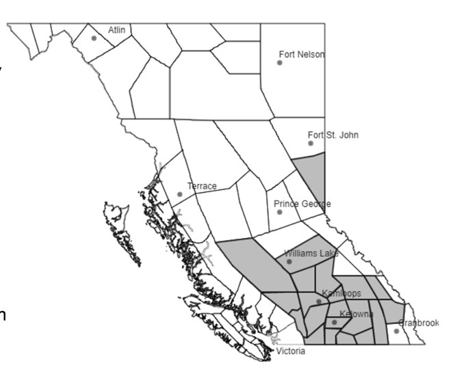 The Regions of BC highlighted on the map are being impacted or are likely to be impactedby wildfire smoke over the next 24-48 hours. Smoke will continue to blanket multiple regions of the province. 