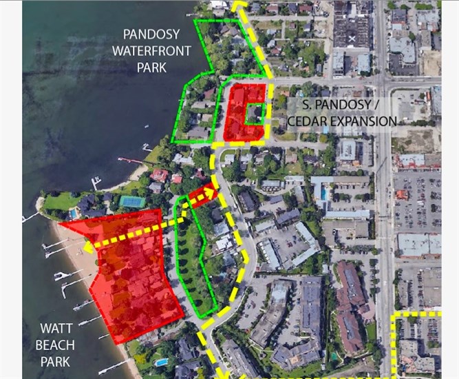 Marked in red to the bottom left are the properties the City of Kelowna wants to designate for future parkland.
